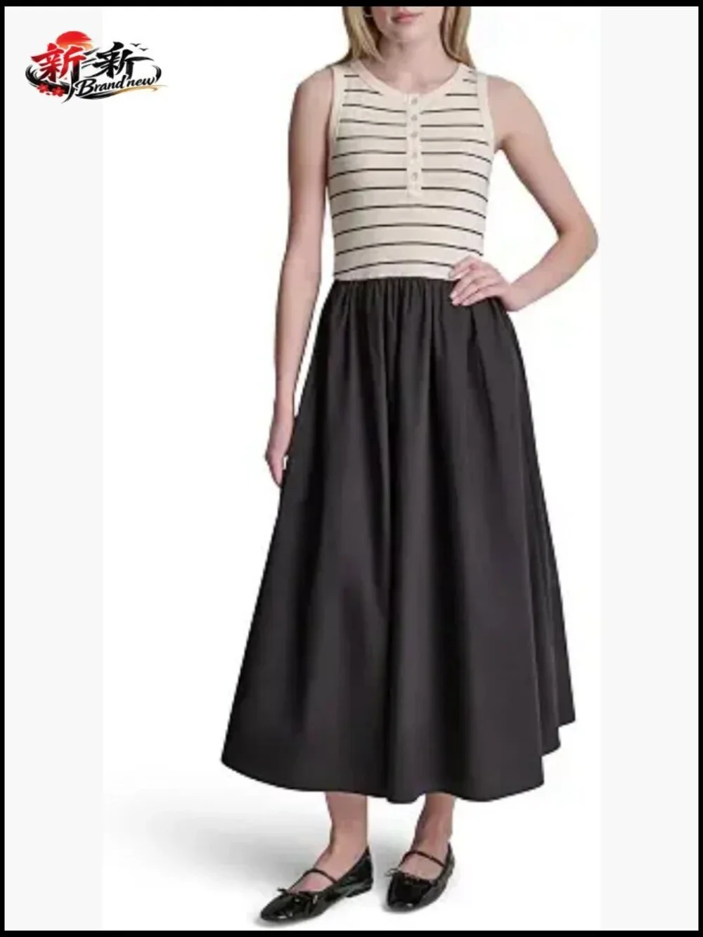 Striped Cotton Poplin Maxi Dress with Rib Henley Top